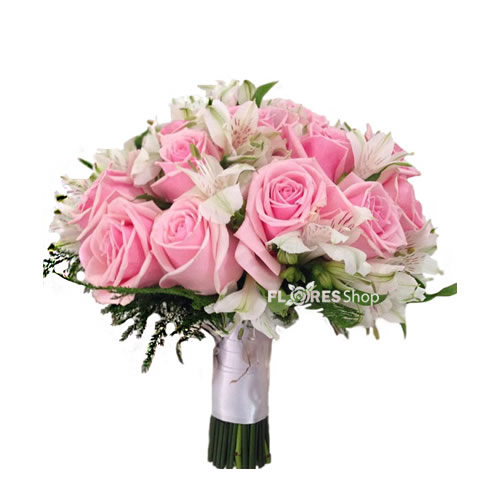 Buquê de Noiva Com Rosas Cor de Rosas e Astromélias | Flores Shop