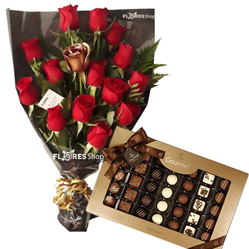 Buque de rosas douradas e chocolate cacau show | Flores Shop