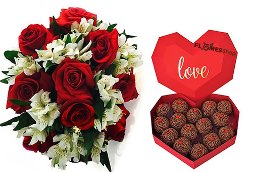 3870  Red roses with astromelia and a heart full of brigadeiros