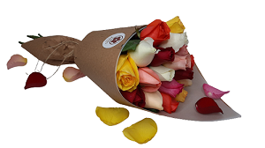 5184 Buquê de 12 Rosas coloridas embaladas em papel Kraft e papel de seda