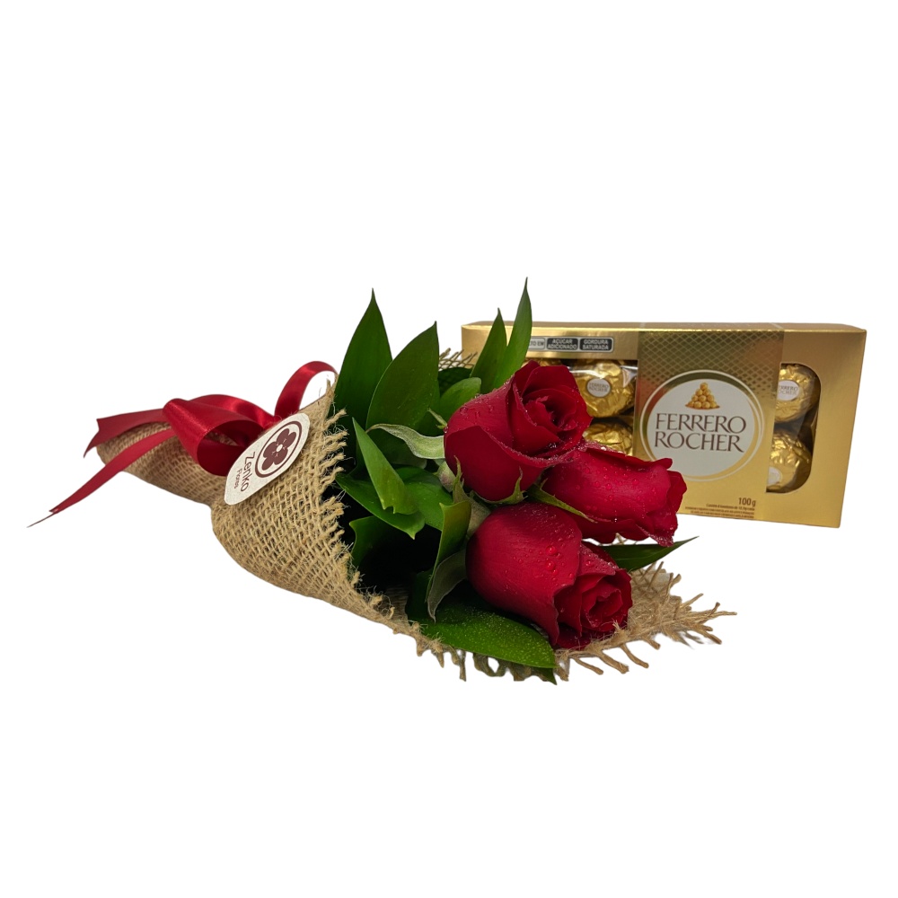 6534 Buquê com três Rosas vermelhas e Chocolate Ferrero Rocher 100g