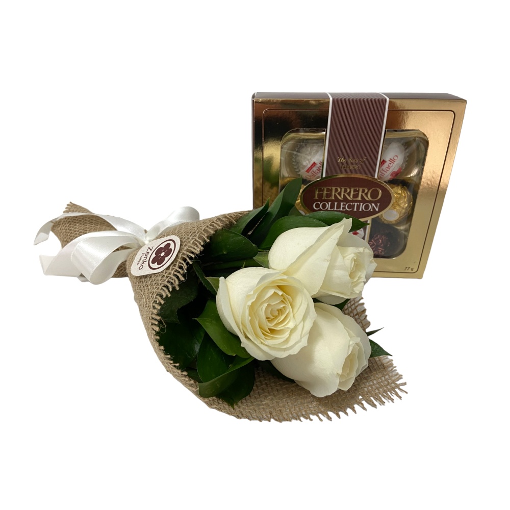 6549 Buquê com três Rosas brancas e Chocolate Ferrero Rocher Collection