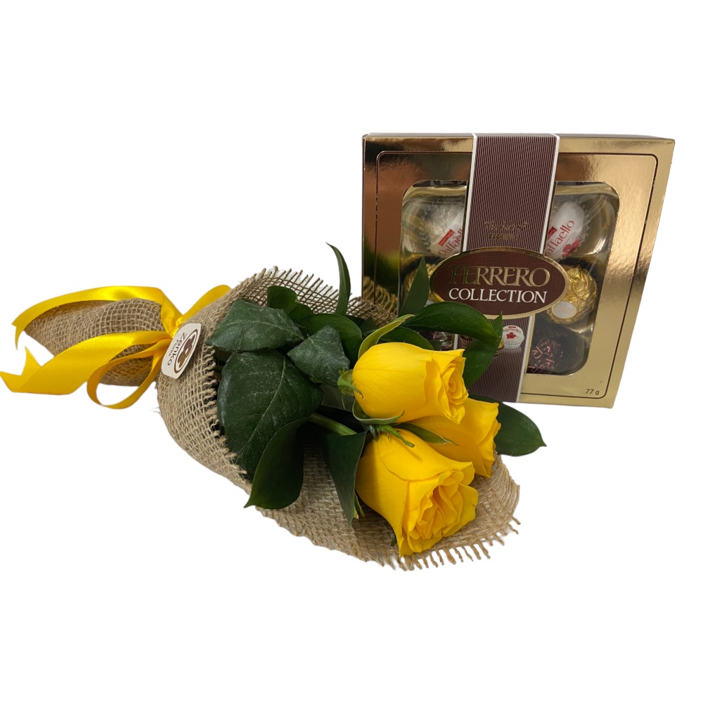 6551 Buquê com três Rosas amarelas e Chocolate Ferrero Rocher Collection