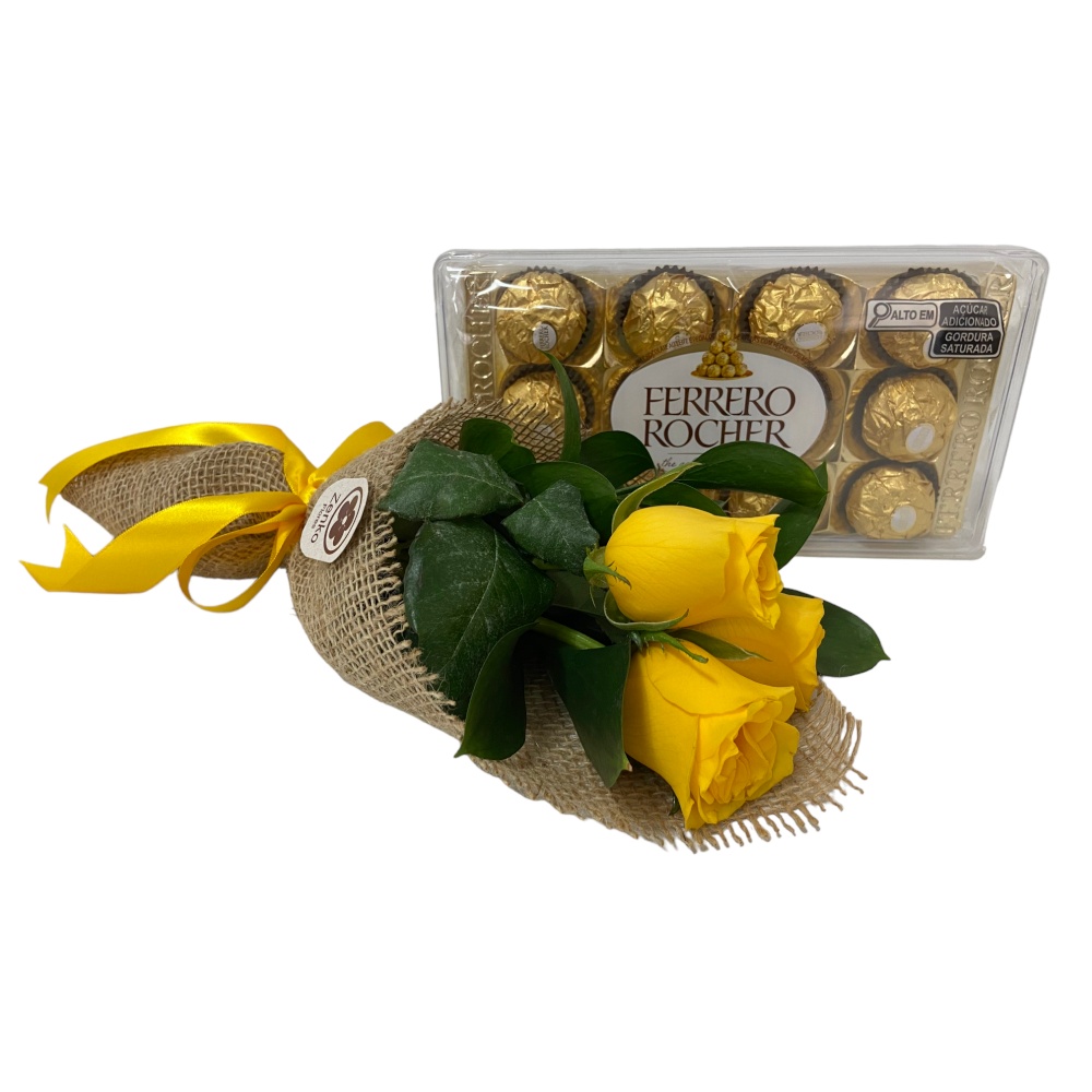 6555 Buquê com três Rosas amarelas e Chocolates Ferrero Rocher 150g