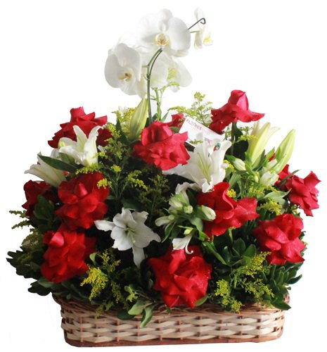 Cesta com Orquídeas, Rosas e Lírios